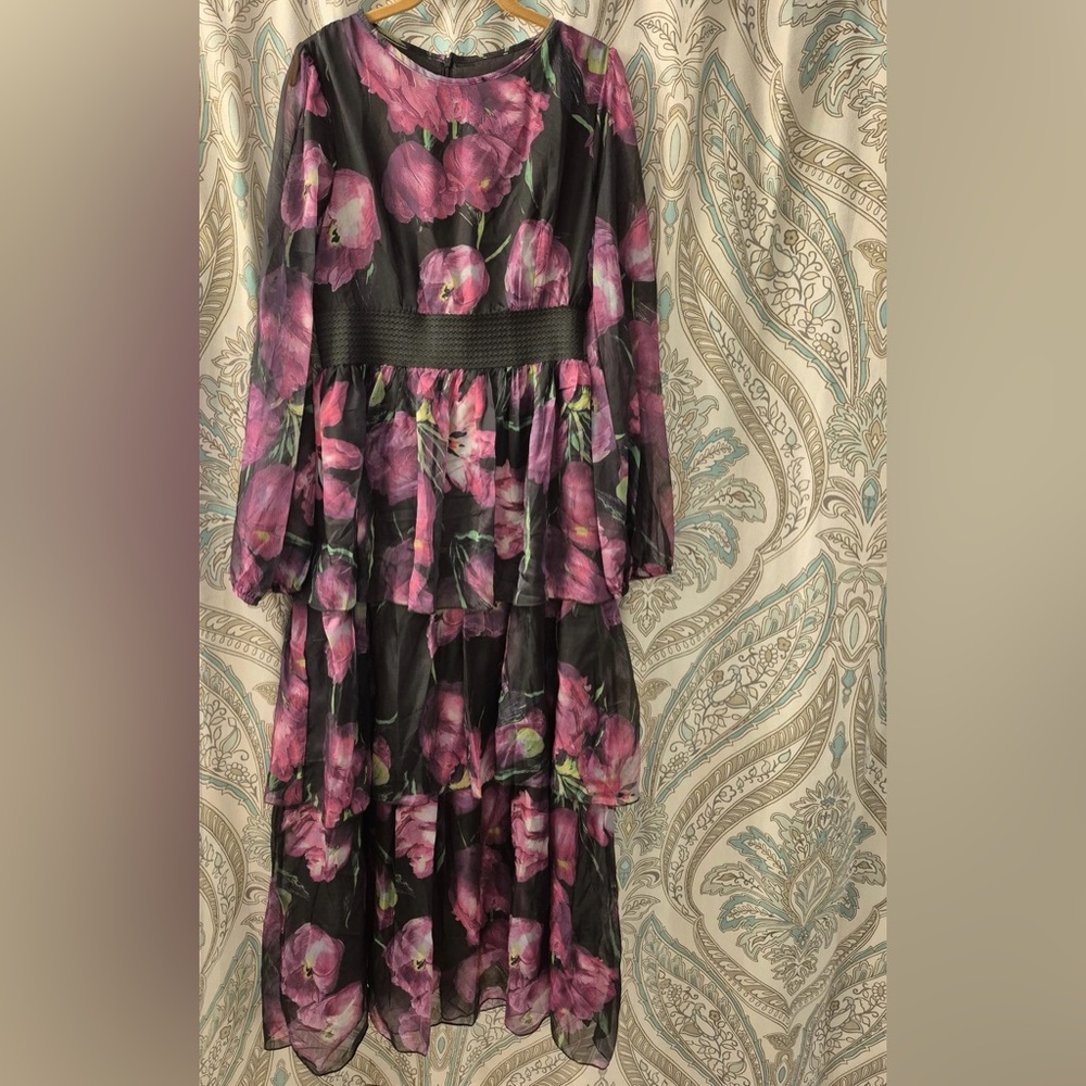 Pink and Black Ruffled Tiered Long Sleeve Dress
